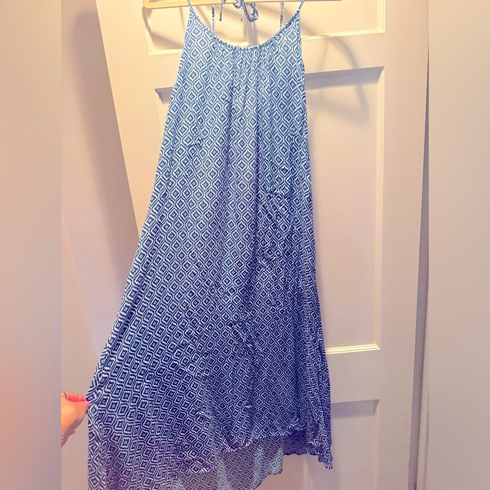Blue and white flowing dress